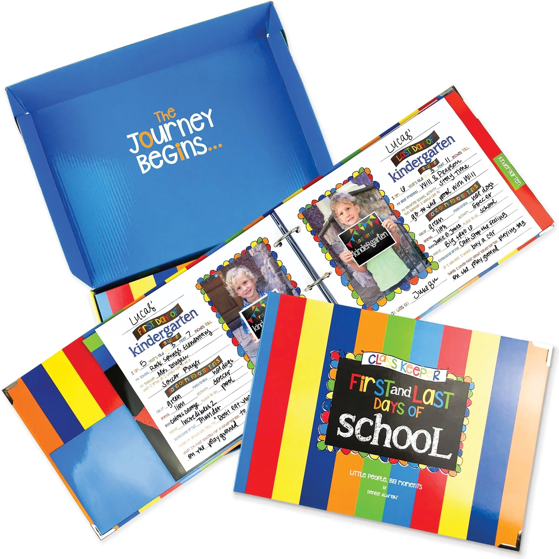 Children's memory book with colorful design and text, featuring a blue cover and multiple pages.