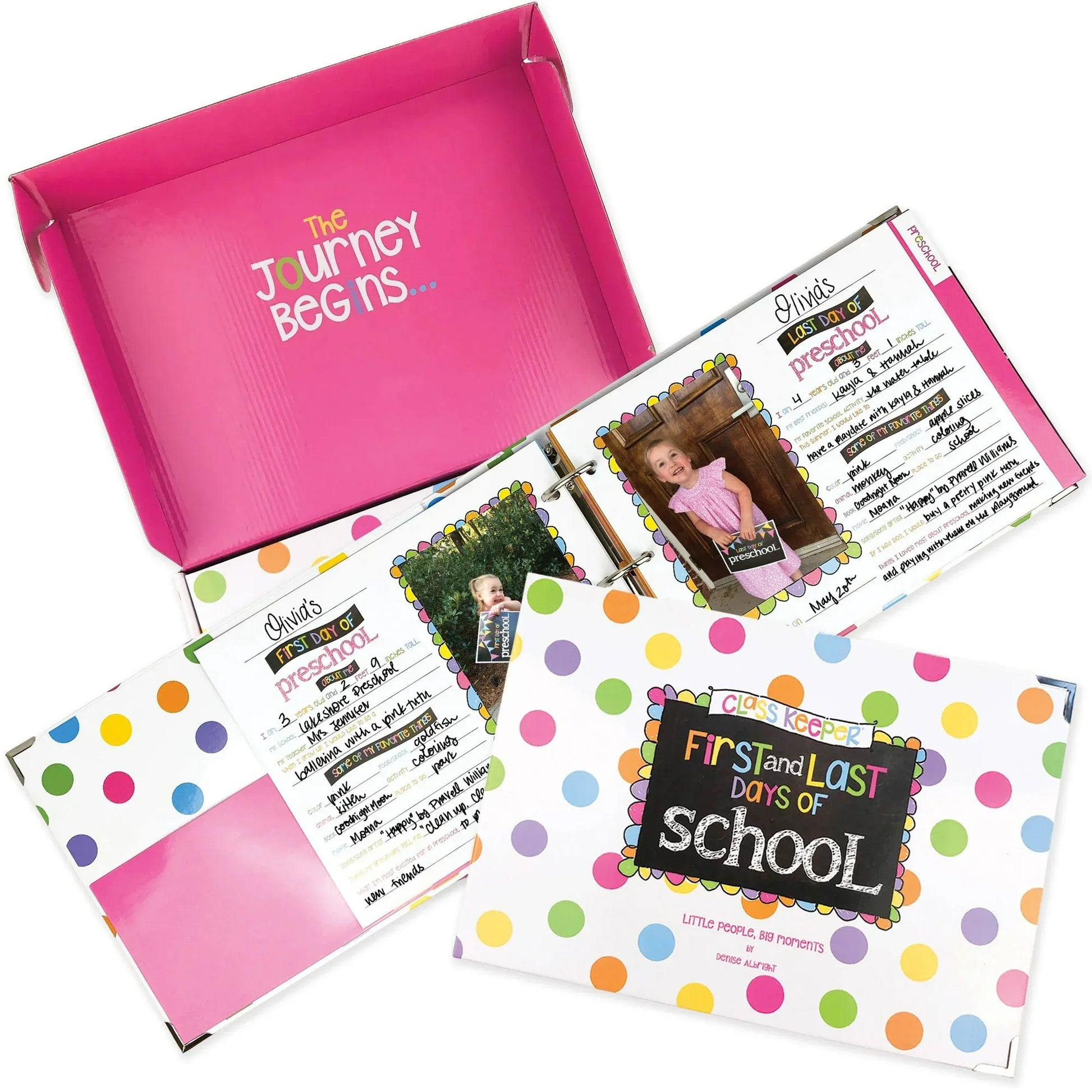 Children's school memory book with polka dot design and photos inside a pink box.