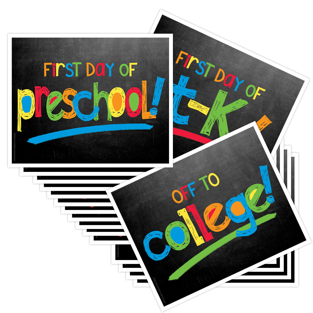 Set of three colorful 'First Day' signs for preschool, kindergarten, and college on a white background.