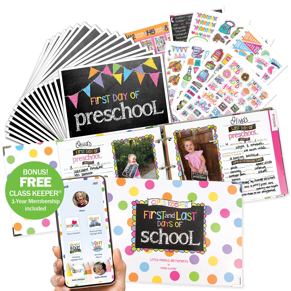 Collection of educational materials for preschool, including posters and photo albums, with a smartphone displaying an app.