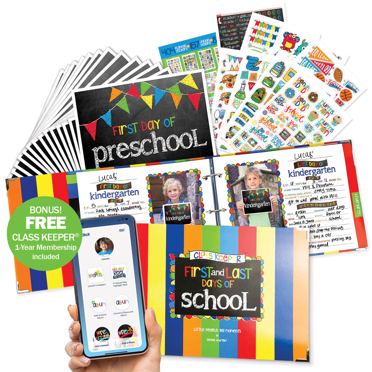 Class Keeper® School Memory Keepsake Bundle –First/Last Day Photo Signs, Stickers, Digital Membership & Chore Chart