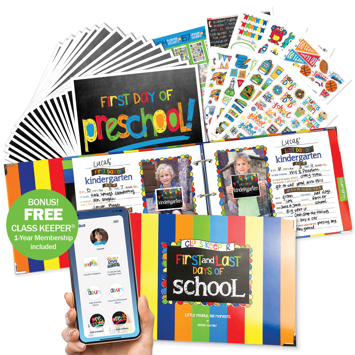 Class Keeper® School Memory Keepsake Bundle –First/Last Day Photo Signs, Stickers, Digital Membership & Chore Chart