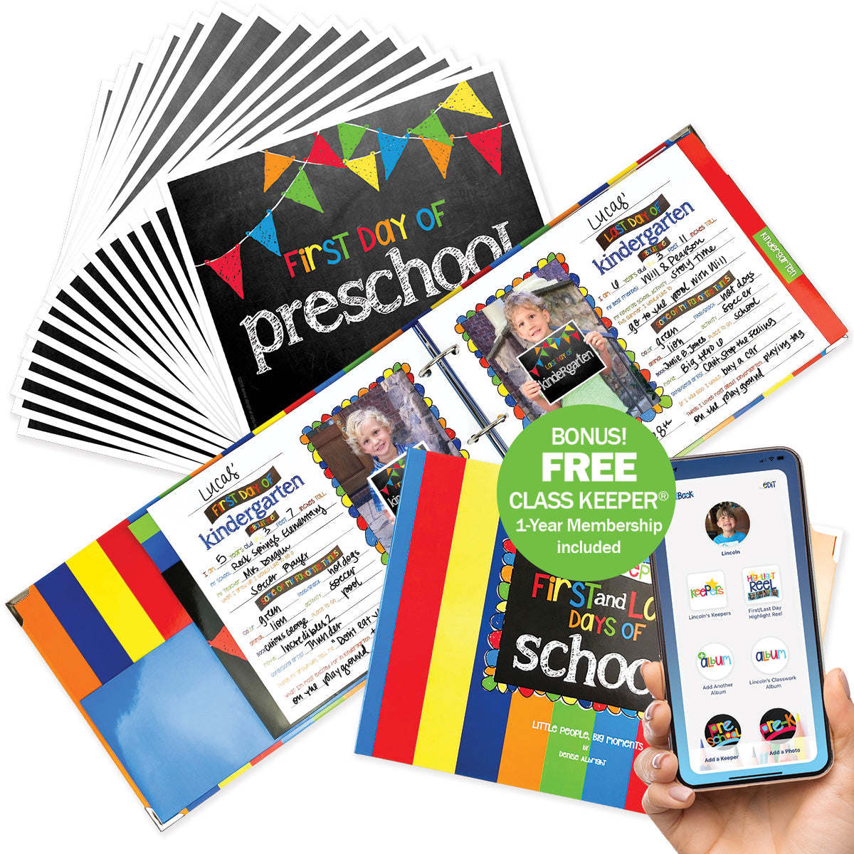Class Keeper® School Days Keepsake Bundle | School Memory Book, 1st Day/Last Day of School Photo Prop Deck + BONUS App Membership