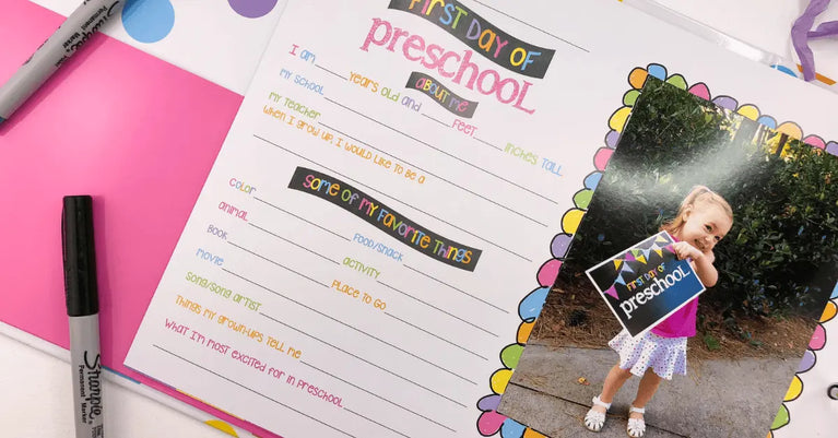 First Day of Preschool book with lots of questions on pink background