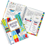 Colorful spiral-bound notebook with various pages including a gratitude finder and other activities on a white background.