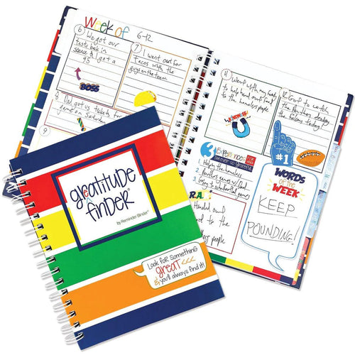 Colorful spiral-bound notebook with gratitude finder on cover, open to pages with writing and graphics.