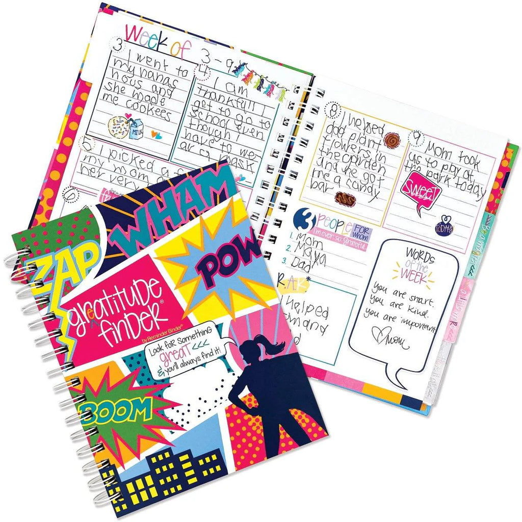 Colorful gratitude finder book with superhero-themed pages on a white background