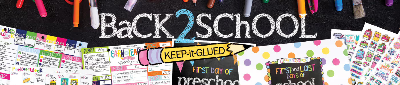 Back-to-school supplies including stickers, labels, and a blackboard with text on a colorful background.