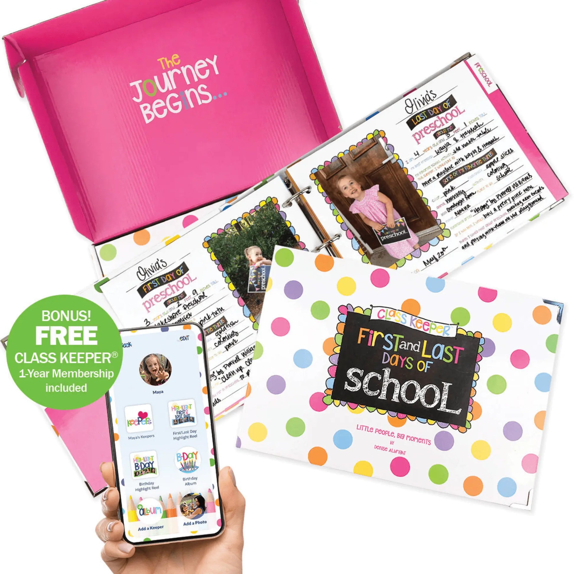 Children's First and Last Days of School book with pink cover and smartphone displaying app interface.