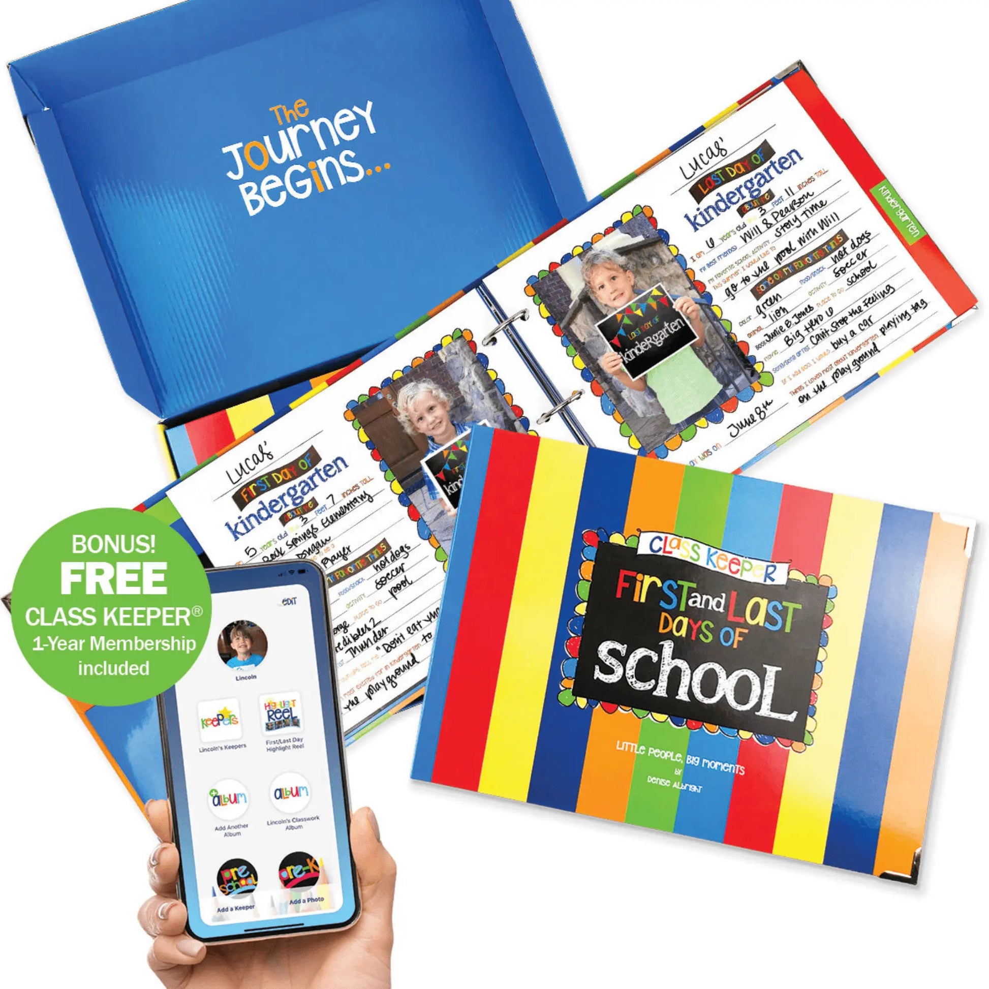 Children's memory book with photos and text, including a smartphone app, on a white background.