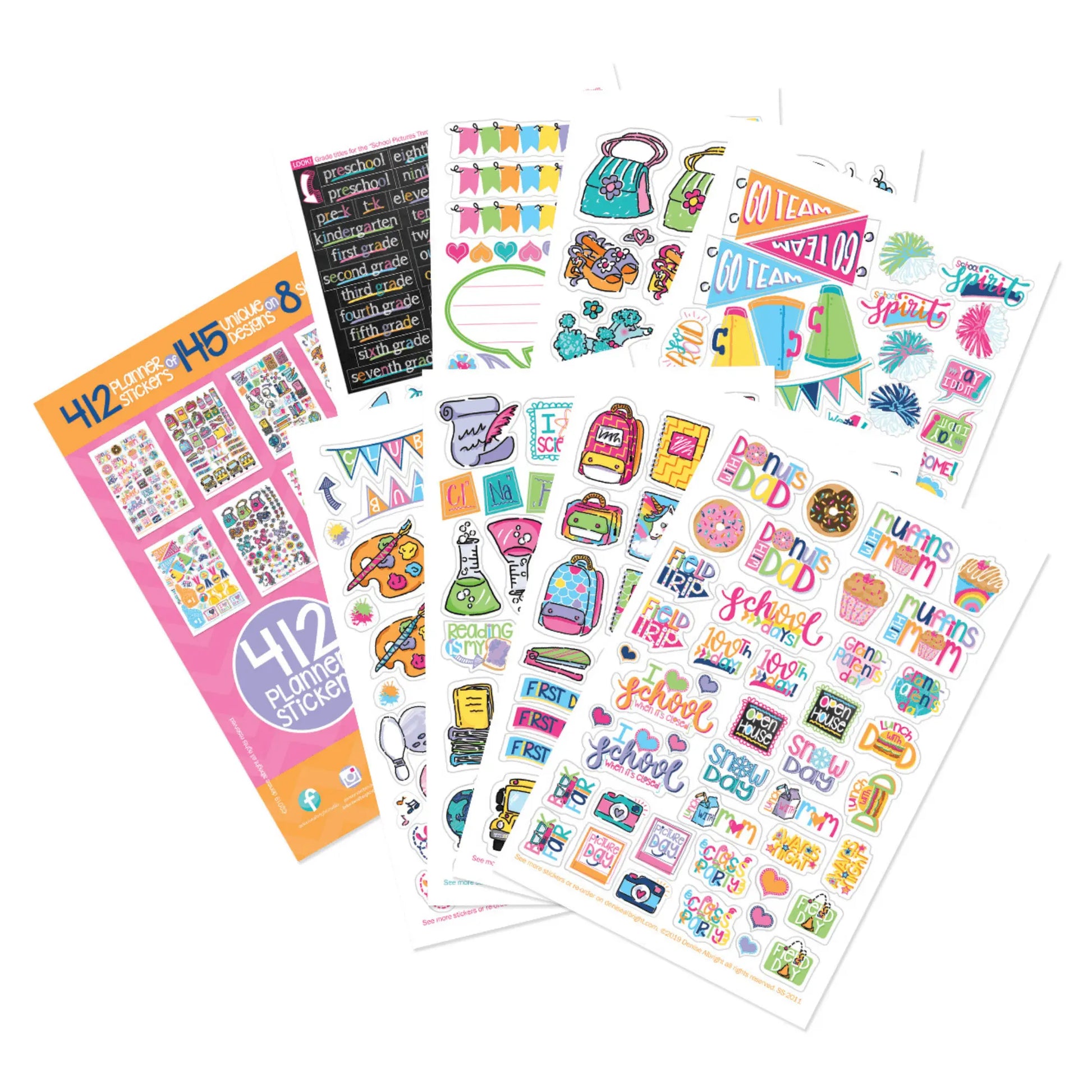Collection of colorful sticker sheets on a white background