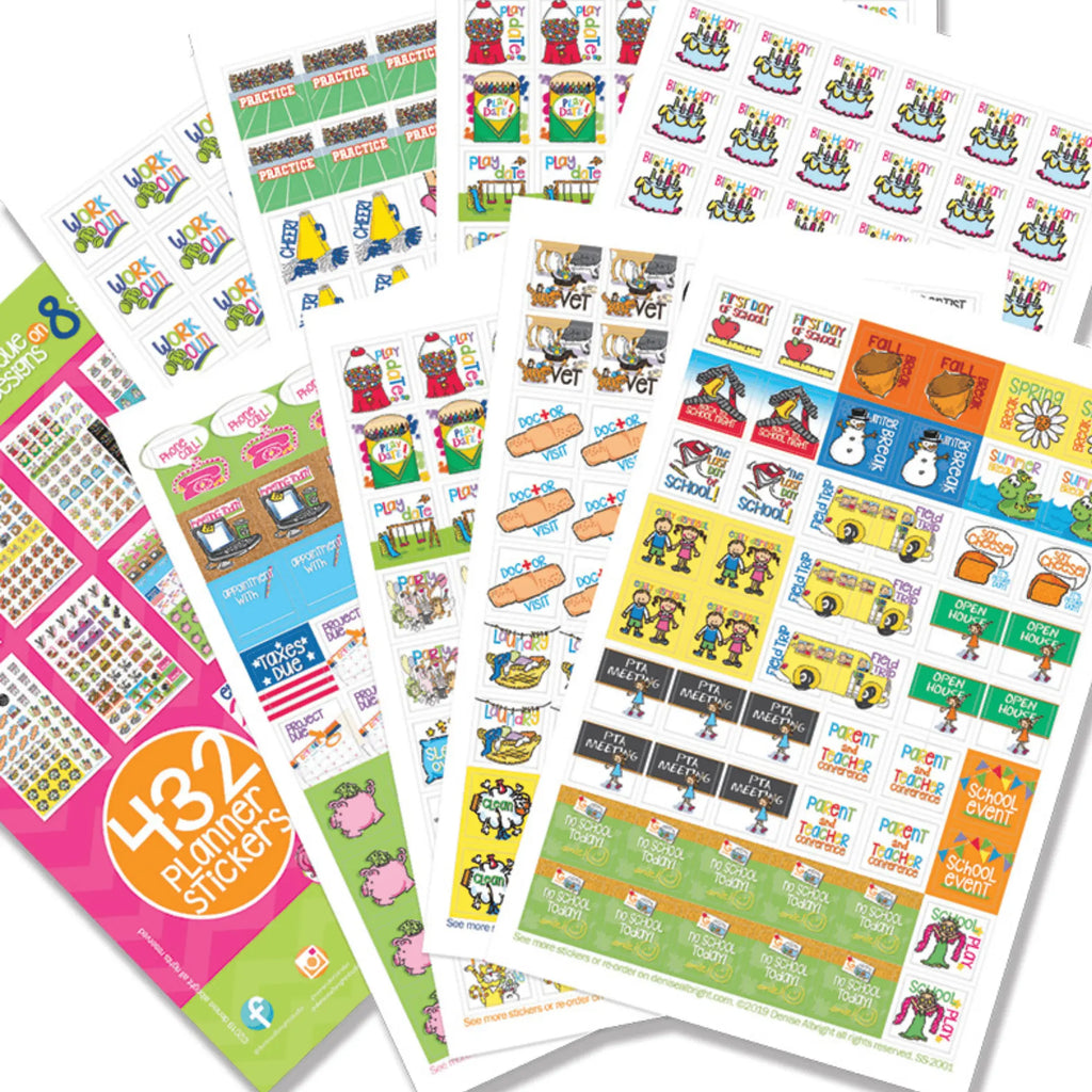 Collection of colorful planner stickers with various designs on a white background