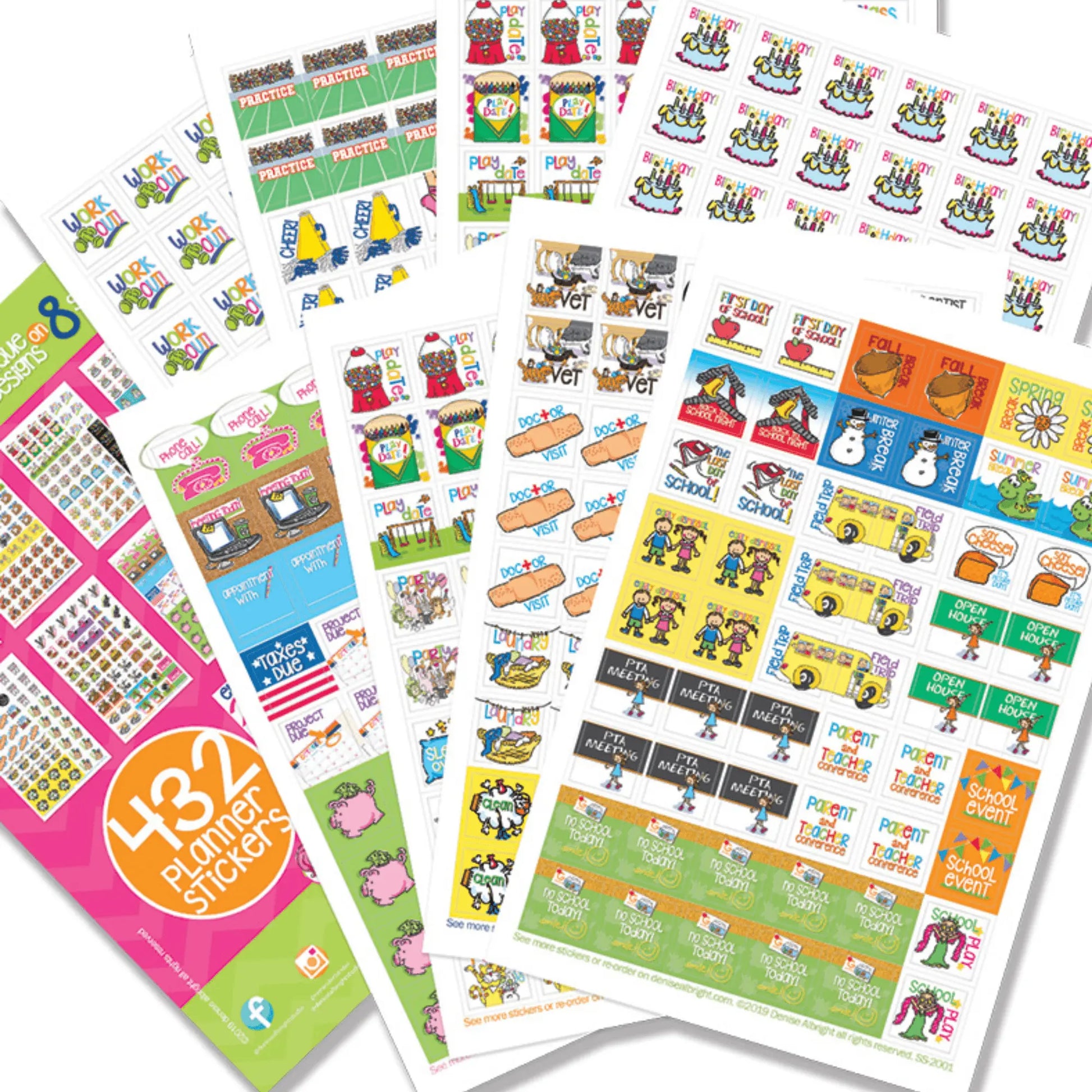 Collection of colorful planner stickers with various designs on a white background