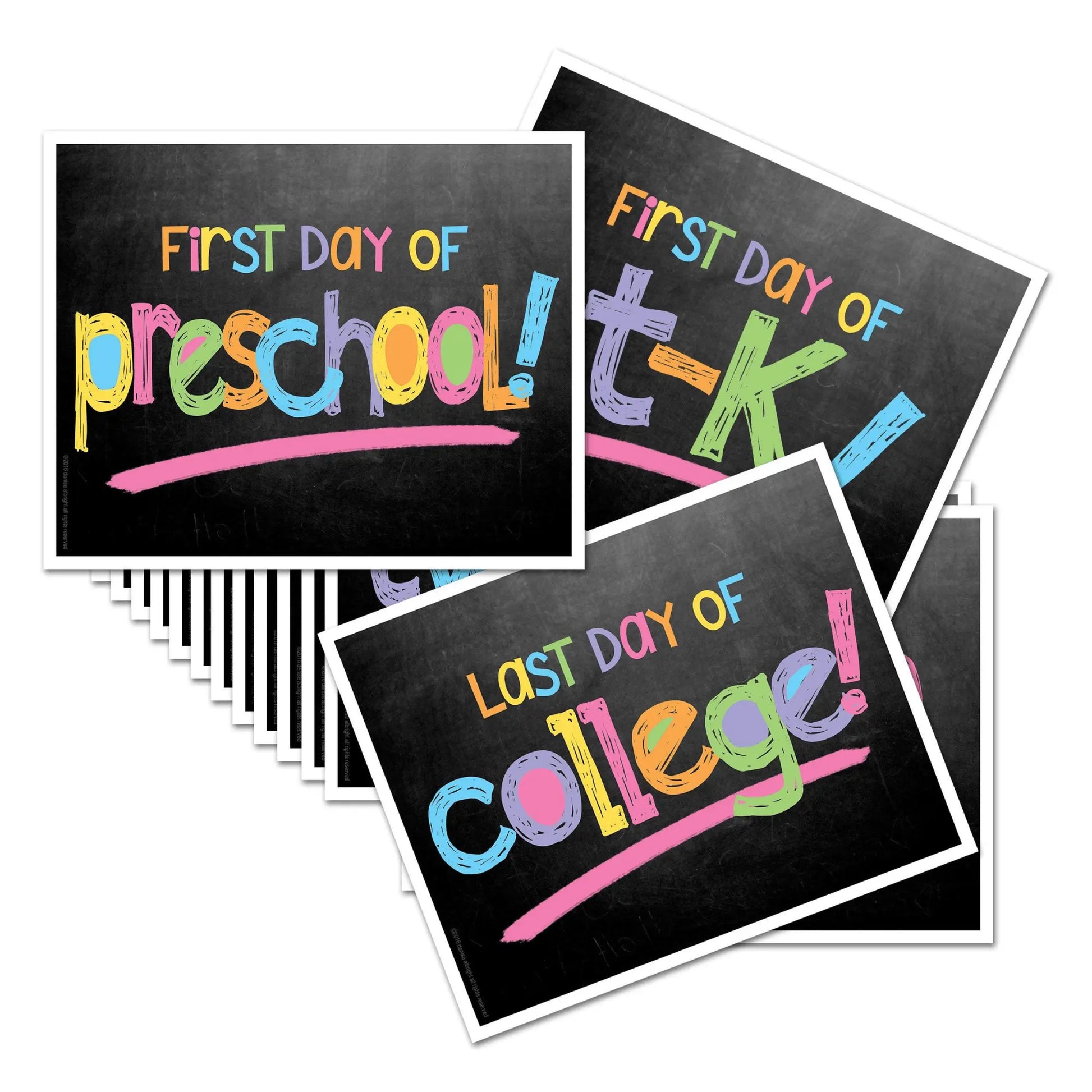 Set of 'First Day of Preschool', 'First Day of t-k', and 'Last Day of College' signs on a white background.