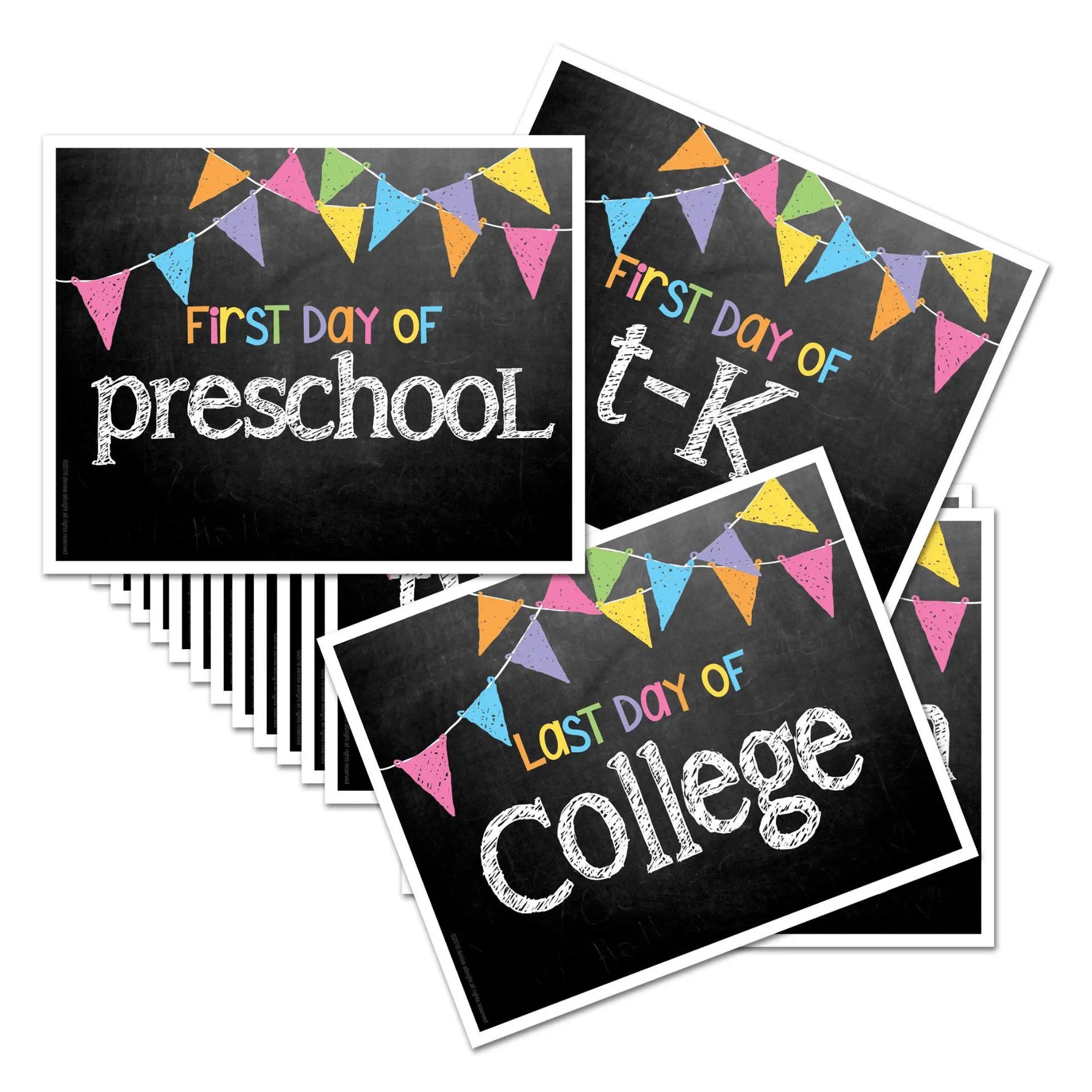 Set of 'First Day of' and 'Last Day of' milestone signs for preschool, t-k, and college.
