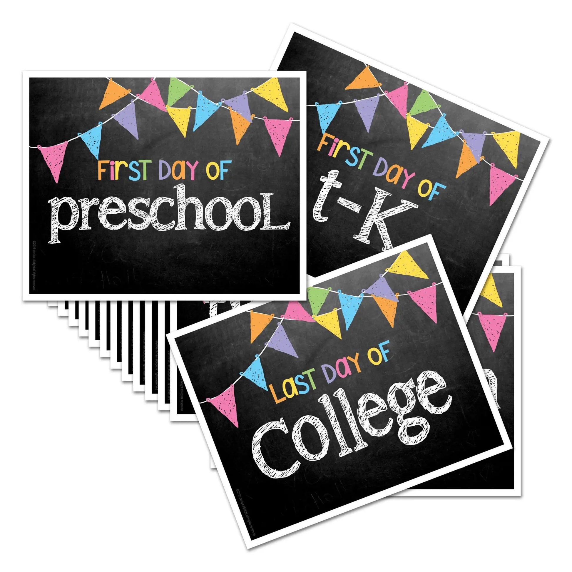 Set of 'First Day of' and 'Last Day of' milestone signs for preschool, t-k, and college.