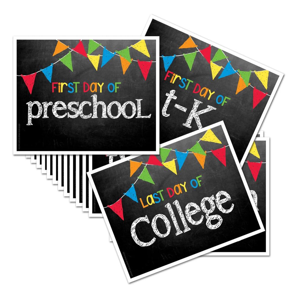 Set of four signs for first and last days of school with colorful flags.
