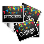 Set of four signs for first and last days of school with colorful flags.