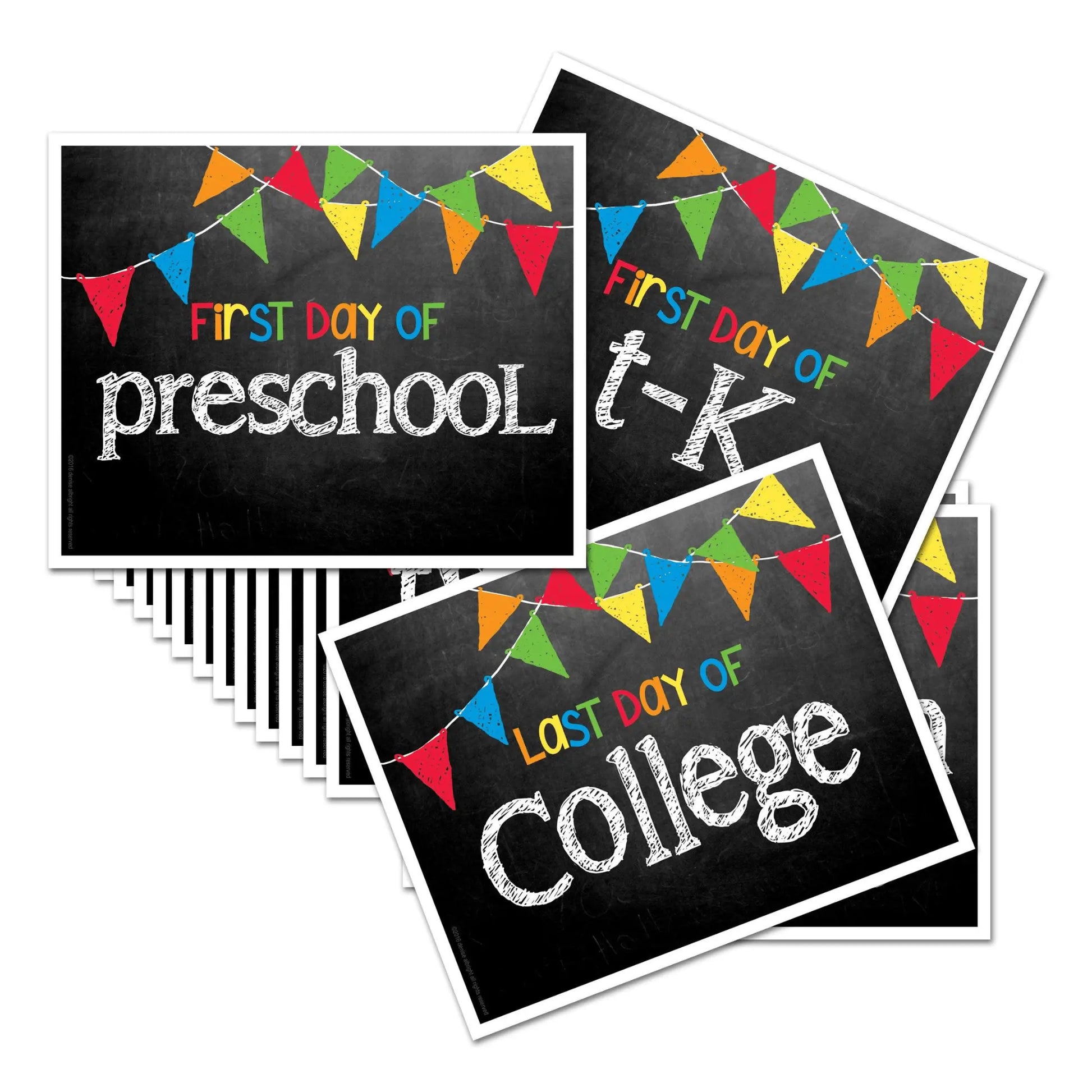 Set of four signs for first and last days of school with colorful flags.
