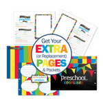 Colorful educational materials with text 'Get Your Extra (or Replacement) Pages & Pockets' and 'preschool keepsakes'.
