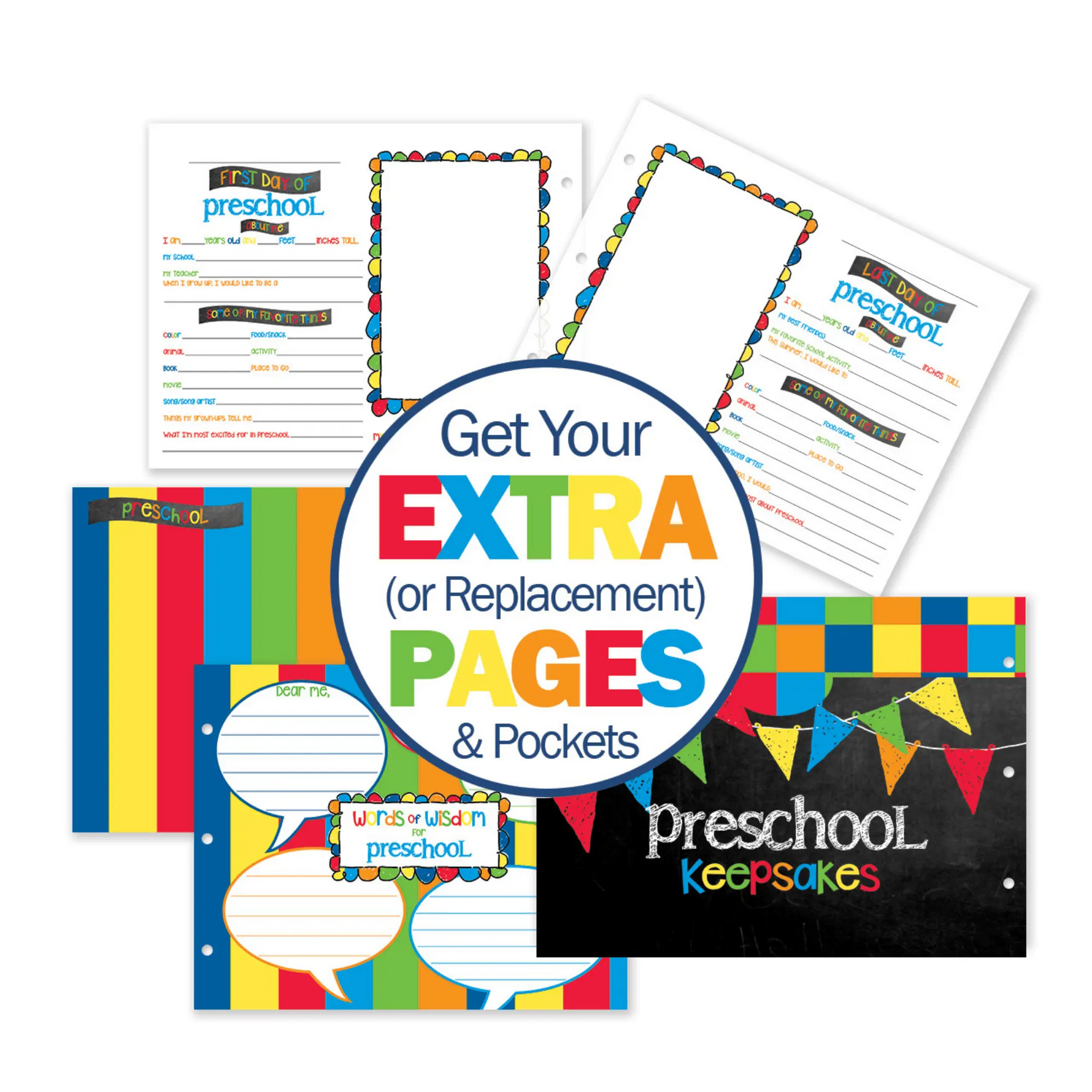 Colorful educational materials with text 'Get Your Extra (or Replacement) Pages & Pockets' and 'preschool keepsakes'.
