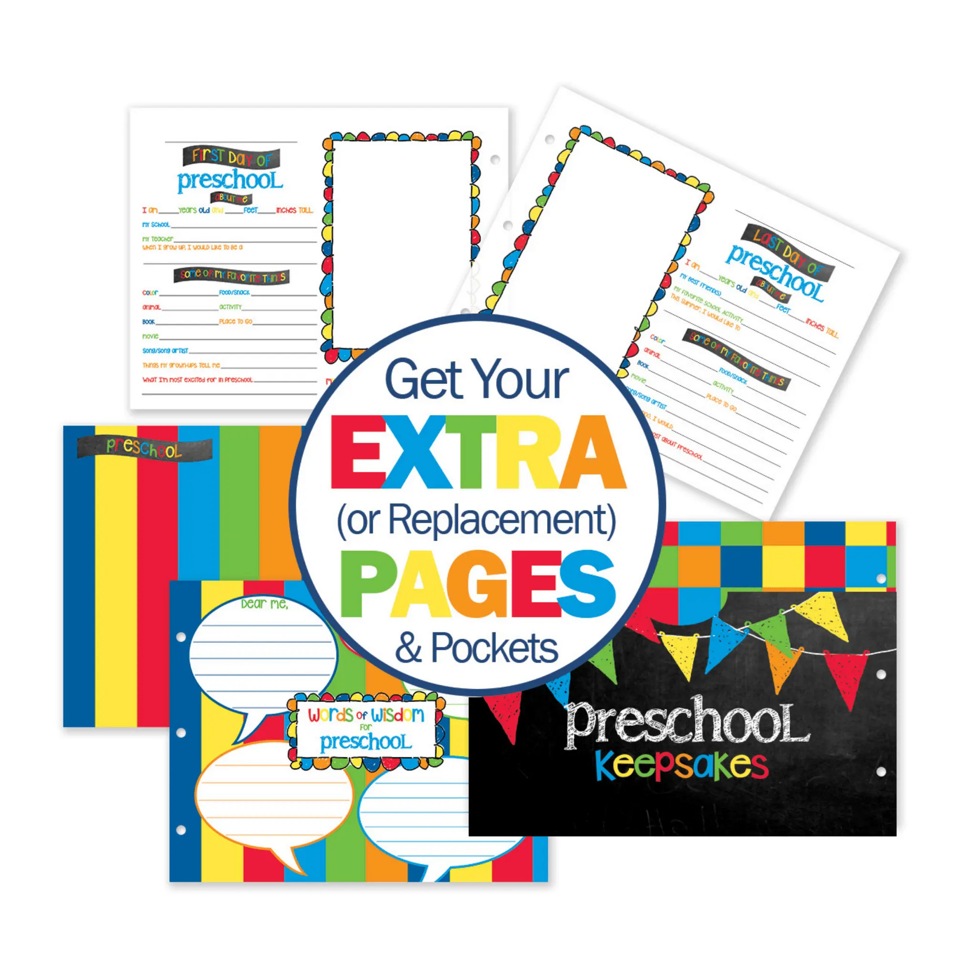 Colorful educational materials with text 'Get Your Extra (or Replacement) Pages & Pockets' and 'preschool keepsakes'.