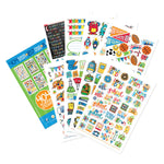 Collection of colorful school-themed stickers on a white background