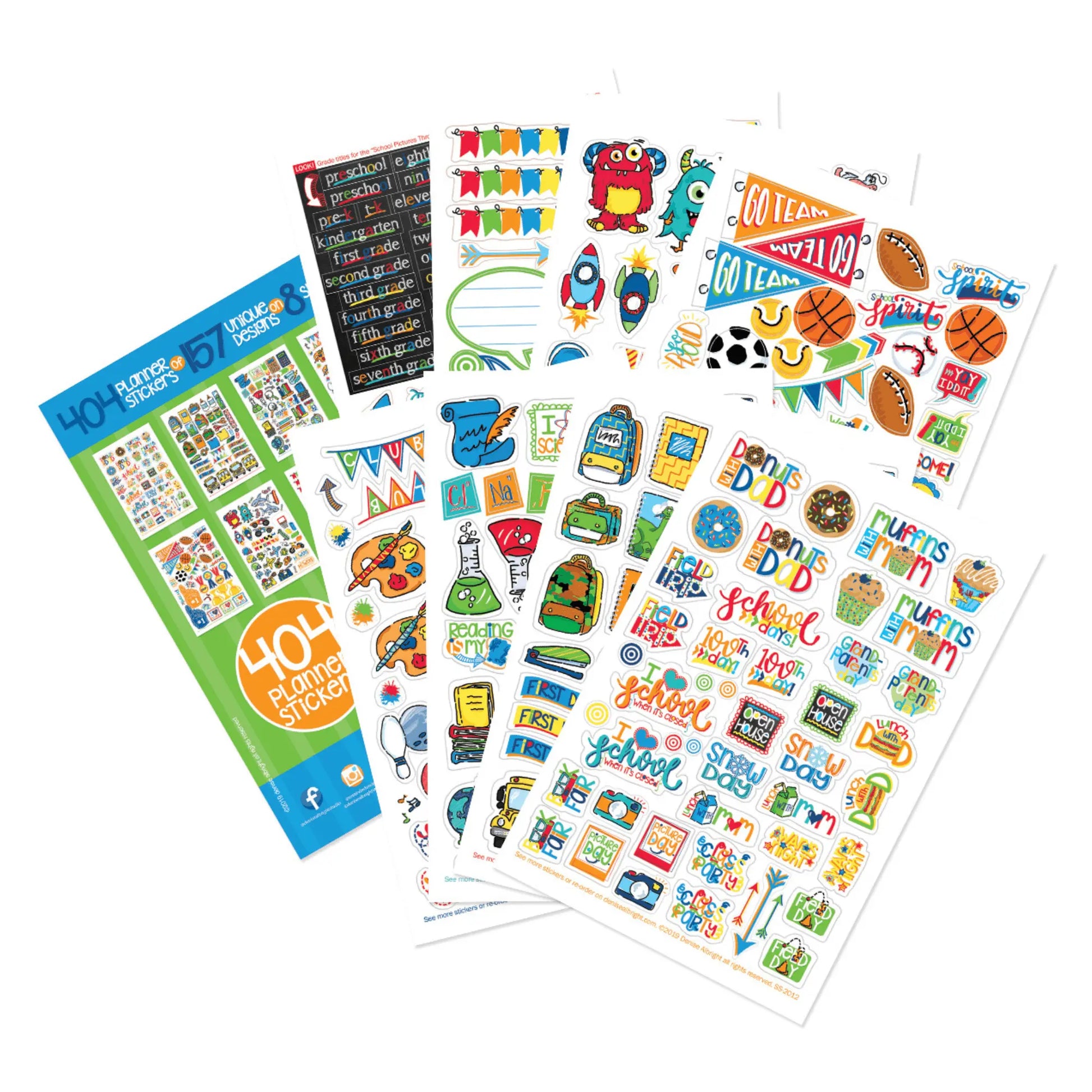 Collection of colorful school-themed stickers on a white background