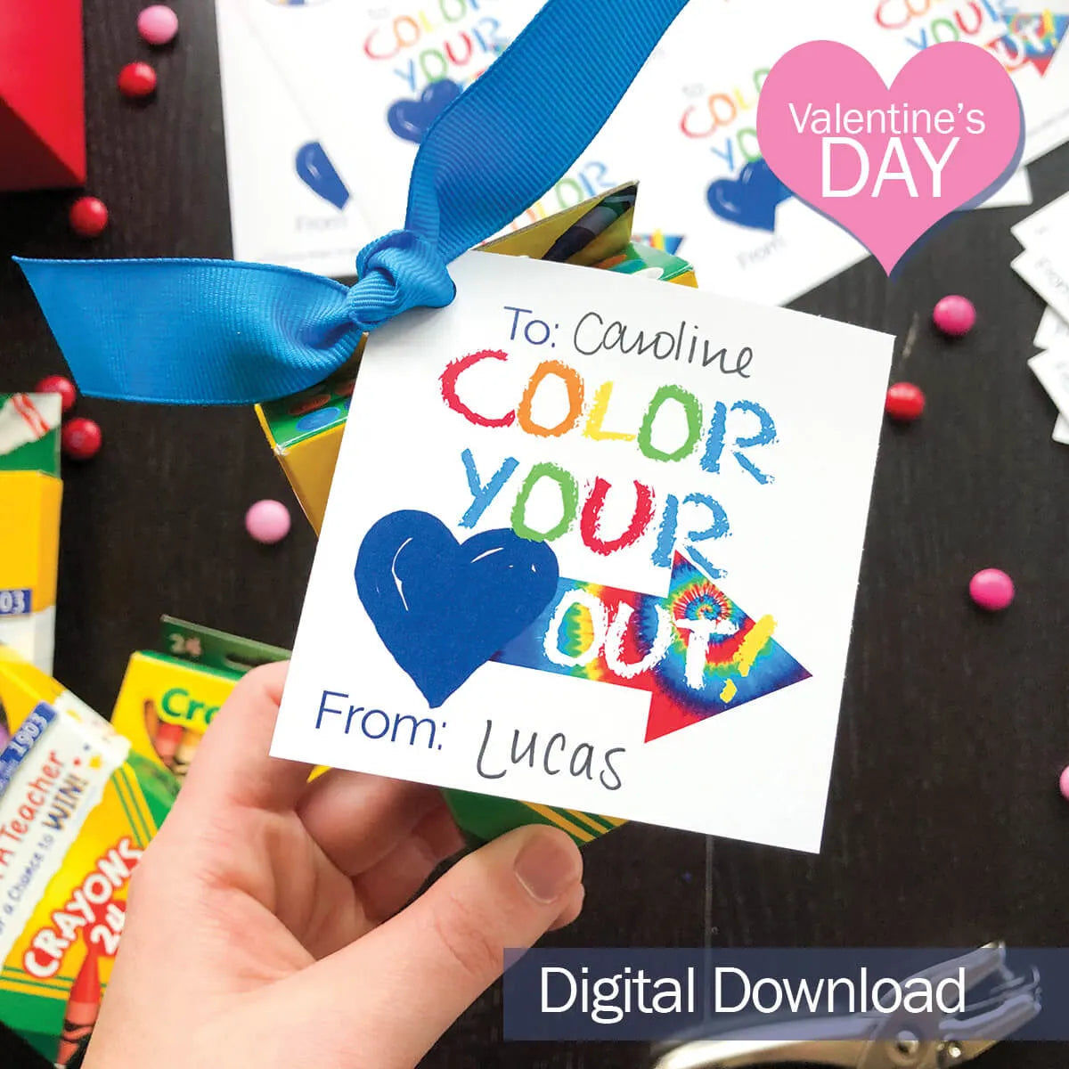 Color Your Heart Out printable Valentine tag attached to a box of crayons