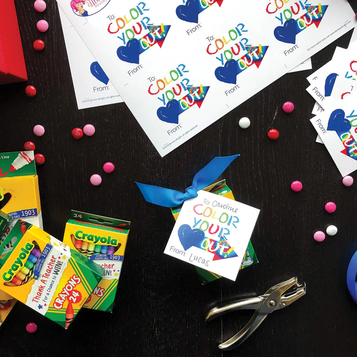 Color Your Heart Out printable Valentine tags paired with crayons for candy-free classroom Valentines