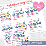 You’re a Writeous Valentine printable tags sheet with colorful classroom Valentine cards