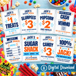 Eight editable birthday concession stand signs displayed with candy, popcorn and party treats for a kids Sugar Shack birthday setup.