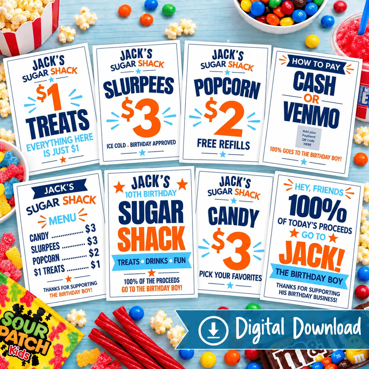 Eight editable birthday concession stand signs displayed with candy, popcorn and party treats for a kids Sugar Shack birthday setup.