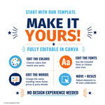 Editable Canva birthday concession stand template showing customizable colors, fonts, wording, menu items, prices, and layout with no design experience needed.