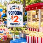 Jack’s Sugar Shack popcorn sign on a metal T-bar holder beside a popcorn machine at an outdoor birthday concession stand.
