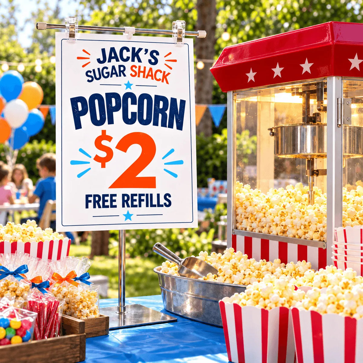 Jack’s Sugar Shack popcorn sign on a metal T-bar holder beside a popcorn machine at an outdoor birthday concession stand.
