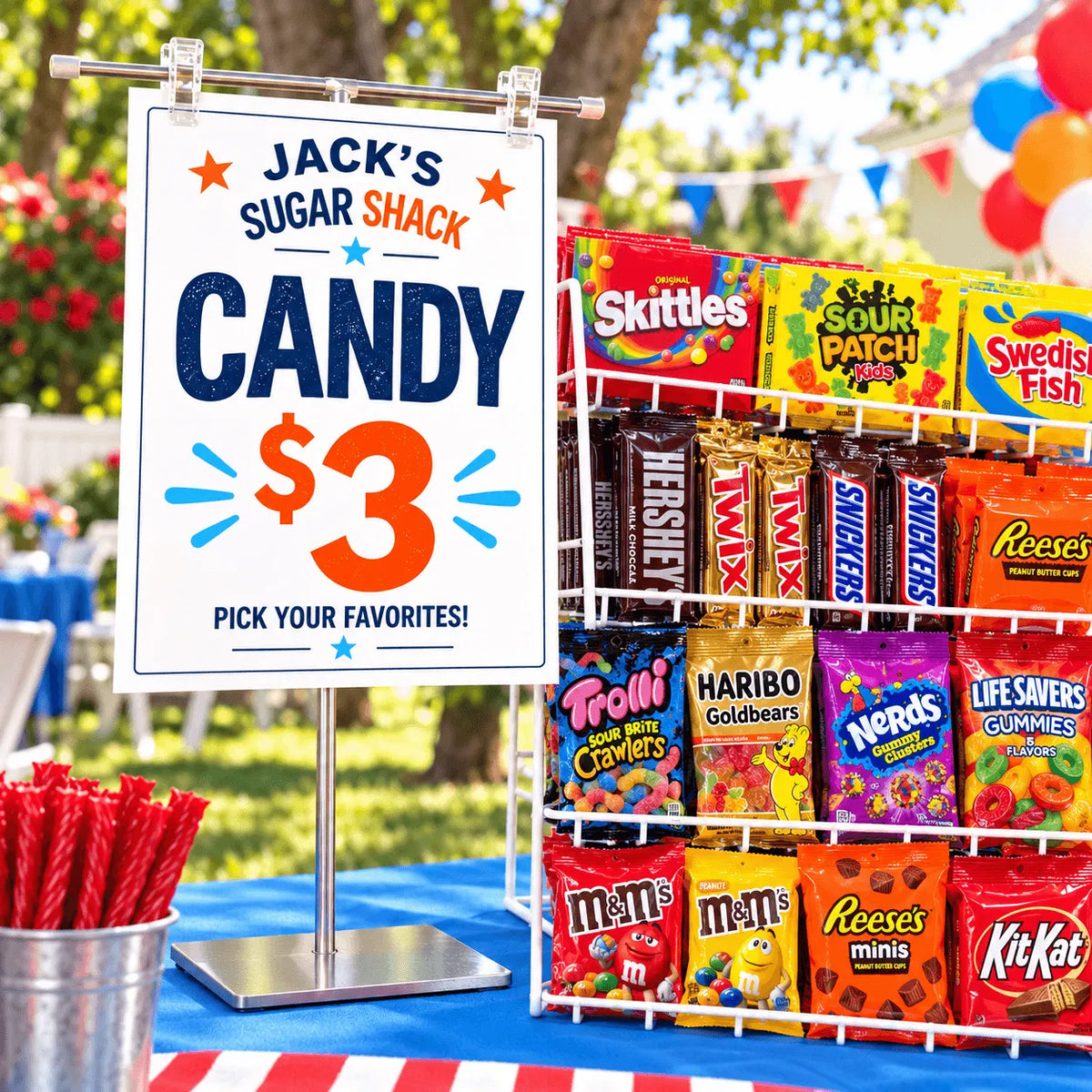 Jack’s Sugar Shack candy sign on a metal T-bar stand beside a colorful display of movie candy boxes and packaged treats.