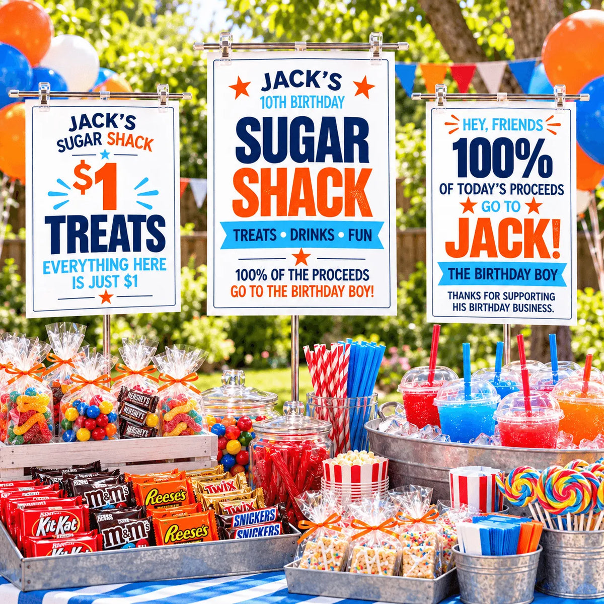 Three Jack’s Sugar Shack birthday concession signs displayed on metal T-bar holders above a colorful outdoor candy and drink station.