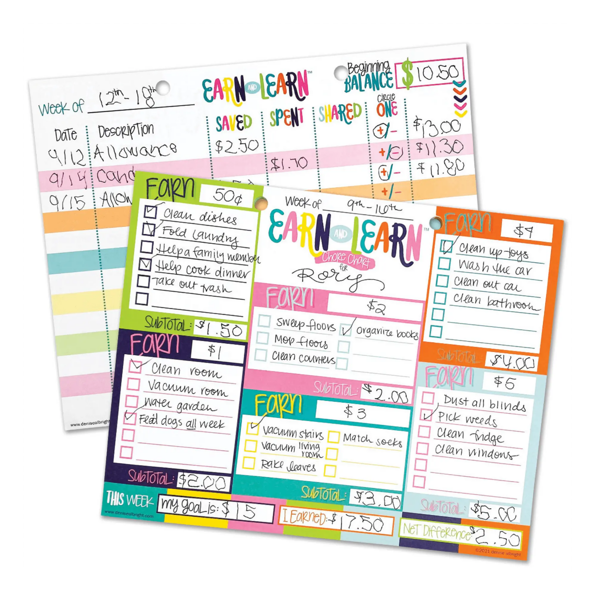 Colorful chore charts for children on a white background