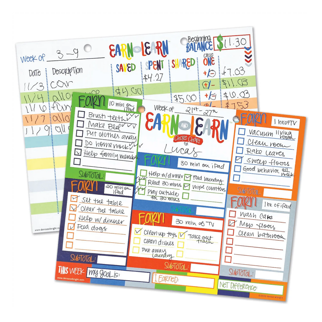 Colorful chore charts and budget sheets on a white background