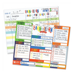 Colorful chore charts and budget sheets on a white background
