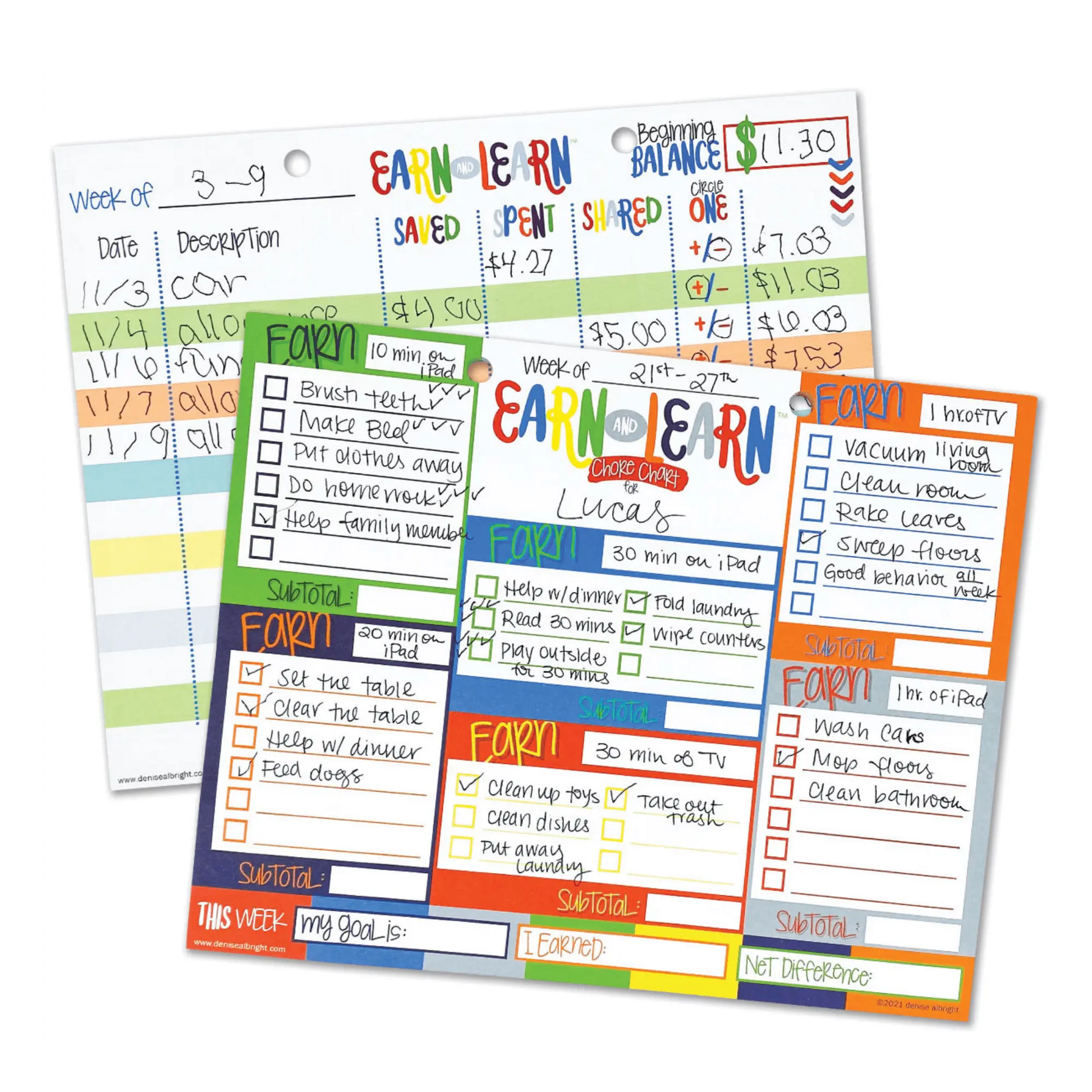 Colorful chore charts and budget sheets on a white background